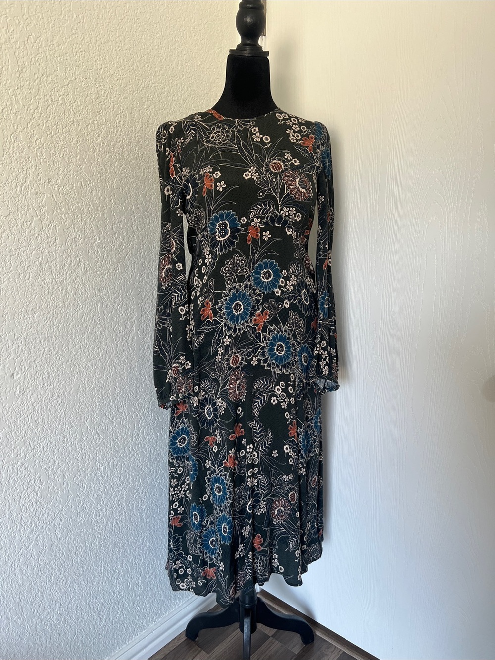 Zara Black Floral Long-Sleeve Midi Dress with Blue & Rust Accents